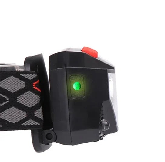 Letvægts USB LED pandelampe til vandring. Håndfri, sensoraktiveret til stier og skovbrug.
