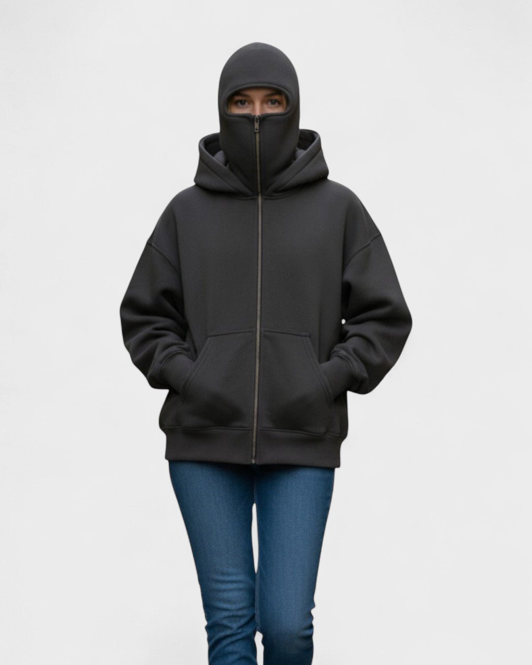Holdbar mørkegrå unisex fleece hættetrøje med lynlås. Ideel til komfortabel, stilfuld beklædning.