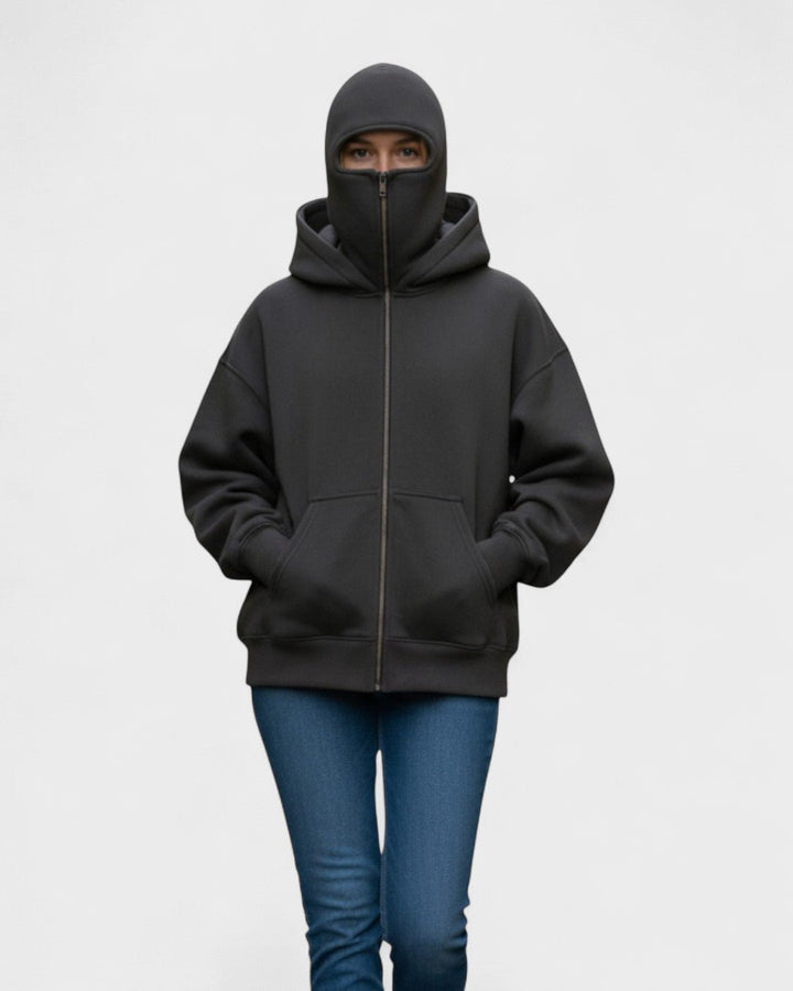 Holdbar mørkegrå unisex fleece hættetrøje med lynlås. Ideel til komfortabel, stilfuld beklædning.
