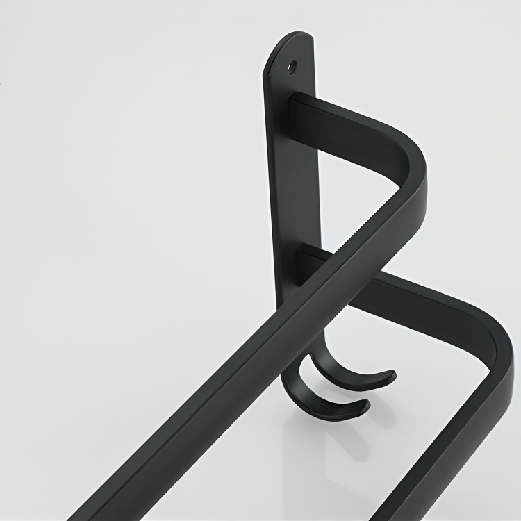 Innovativ håndklædeholder uden boring, sort aluminium design for et rent og moderne badeværelse.