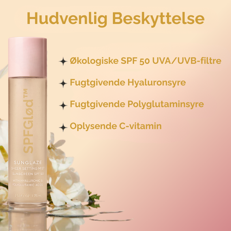 SPFGlød SPF 50 solcremespray på stranden. Anti-age, fugtgivende solbeskyttelse med glød til sommerhud.