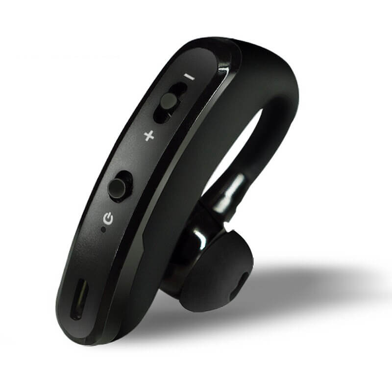 "Stilfuld Bluetooth-øretelefon til enkelt øre, svedafvisende, med støjreduktion og ergonomisk design til komfort."