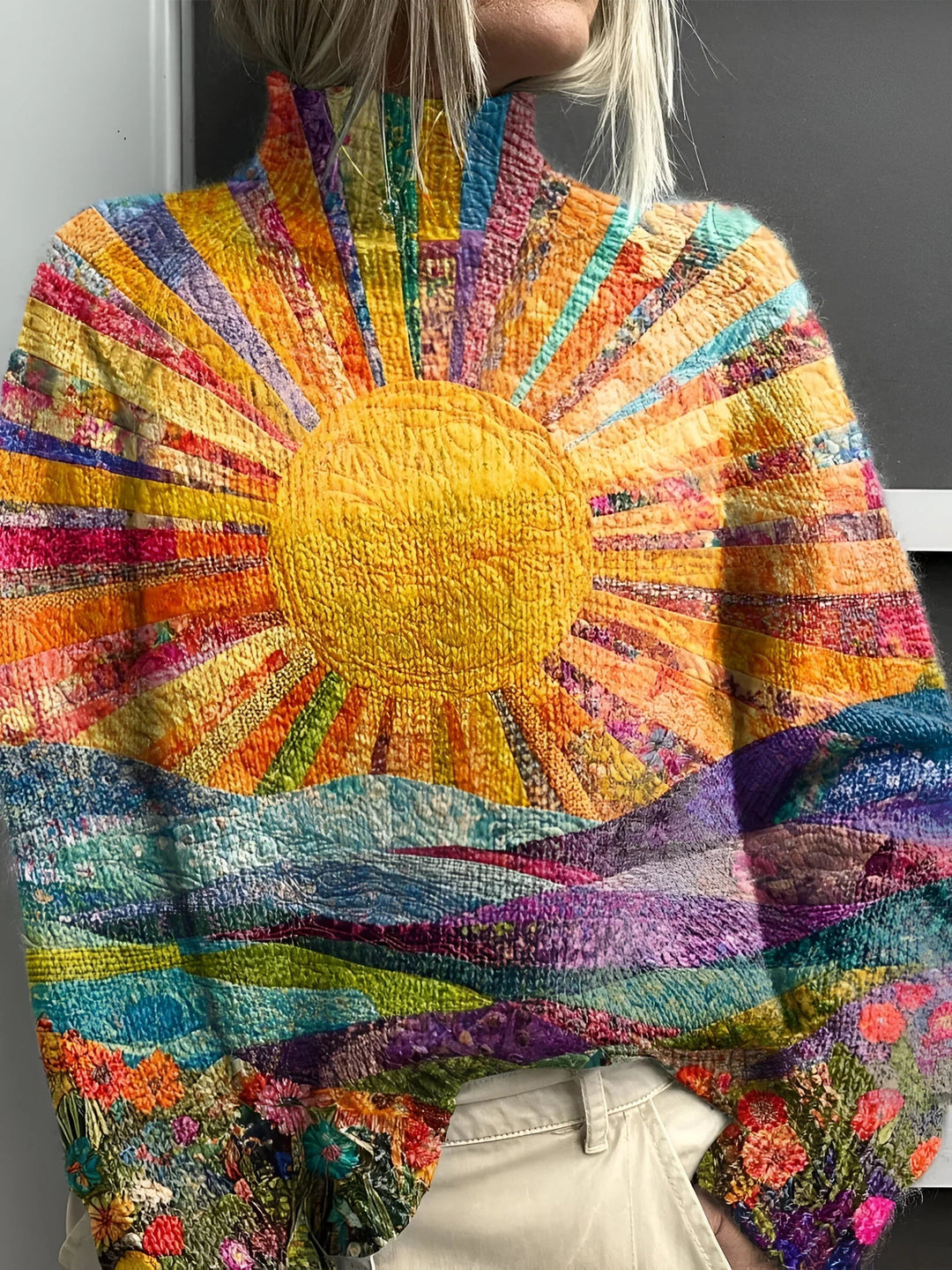 Stilfuld dame rullekrave trøje i farverigt design. Varm langærmet sweater til kvinder, perfekt til vintermode.