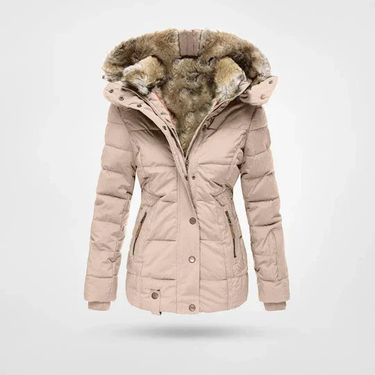 Varm dame polyester vinterjakke. Vandtæt overtøj, ideel til udendørs brug i kulden. Stilfuld og funktionel jakke.