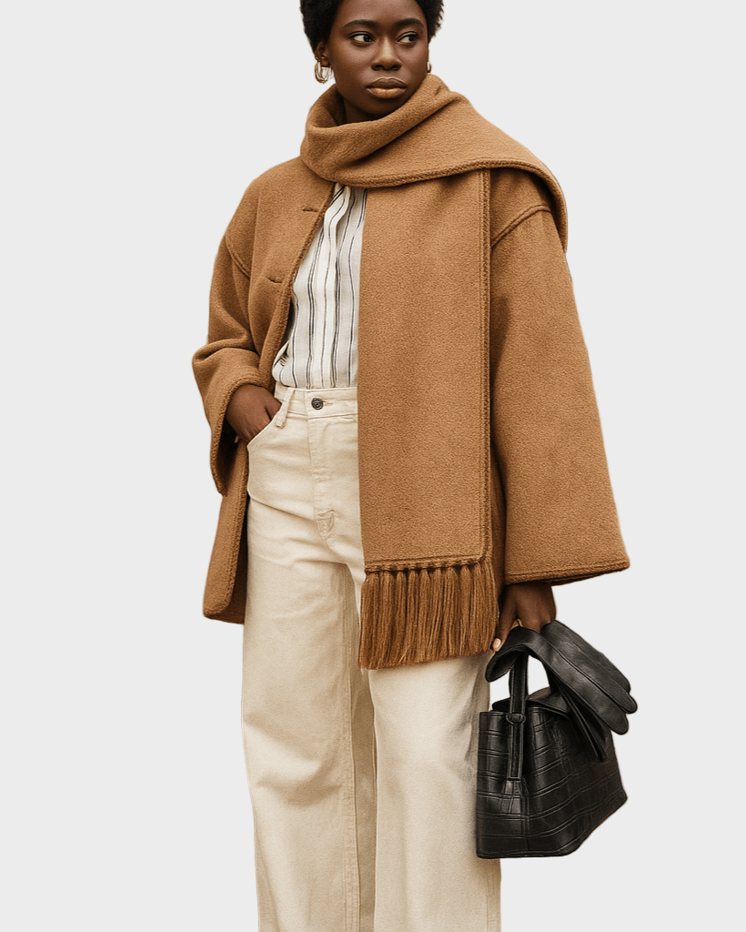 Stilfuld damejakke Pauline med indbygget tørklæde, perfekt til vinter og elegant mode.