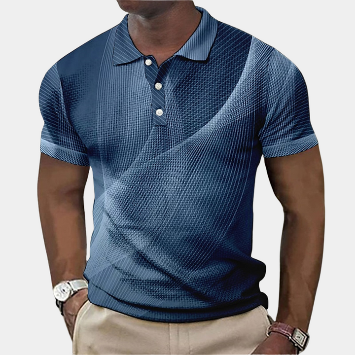 "Stilfuld herre slim fit poloshirt med blå tekstureret mønster og klassisk krave, ideel til både hverdag og fest."