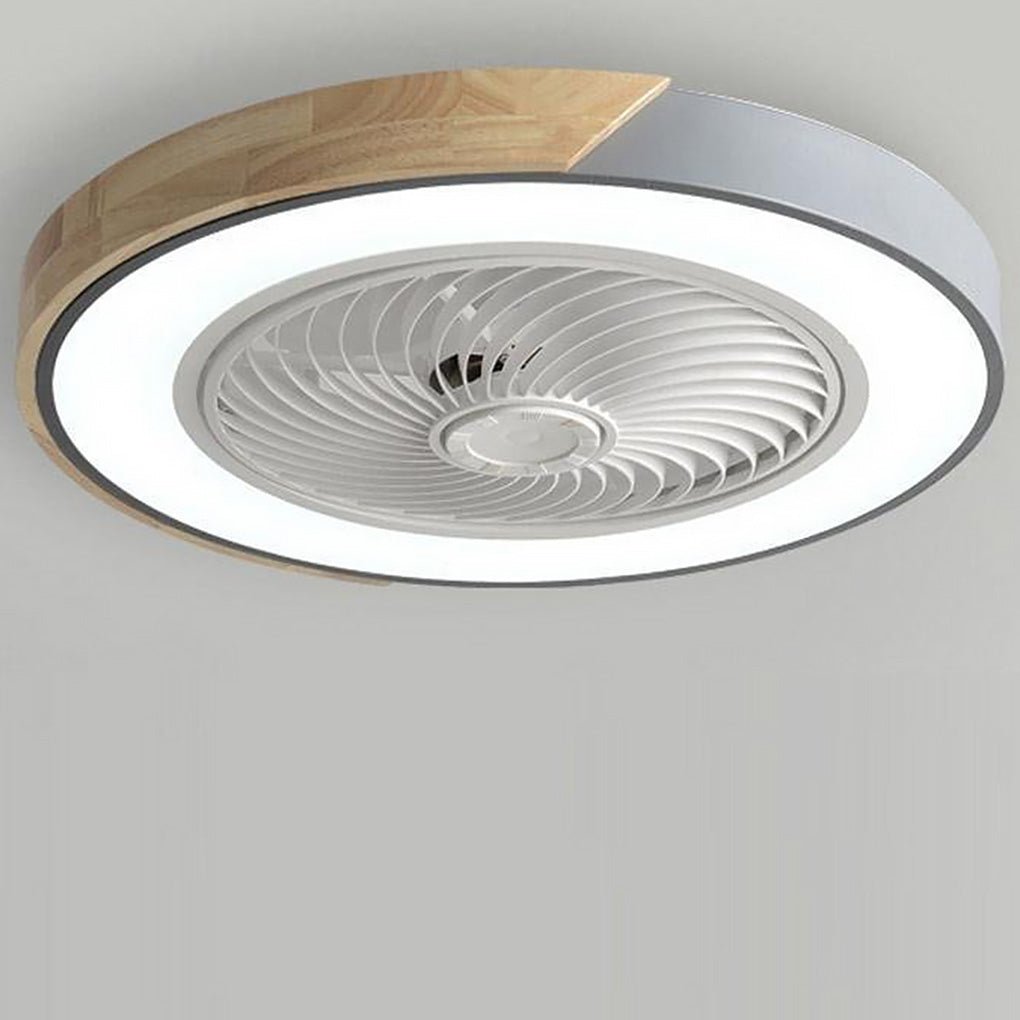 "Stilfuld rund LED-loftventilator uden vinger med fjernbetjening og integreret lys, moderne design, støjsvag drift."
