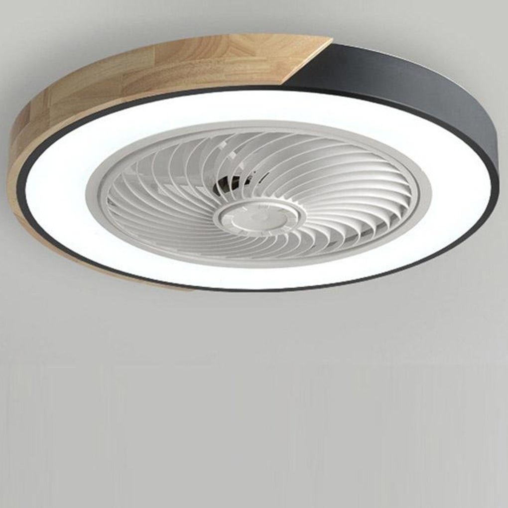 "Stilfuld rund LED-loftventilator uden vinger med fjernbetjening og integreret lys, moderne design, støjsvag drift."