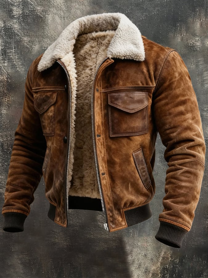 Stilfuld skindjakke til mænd med blødt sherpafor. Varm herre vinterjakke perfekt til koldt vejr og maskulin mode.