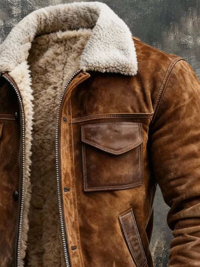 Robust herre skindjakke med varmt sherpafor. Vintage-inspireret læder vinterjakke, ideel som stilfuldt overtøj.