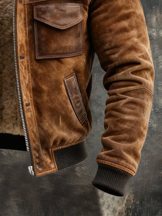 Varm og stilfuld skindjakke til mænd med tykt sherpafor. Perfekt termo vinterjakke for komfort og mode i koldt vejr.
