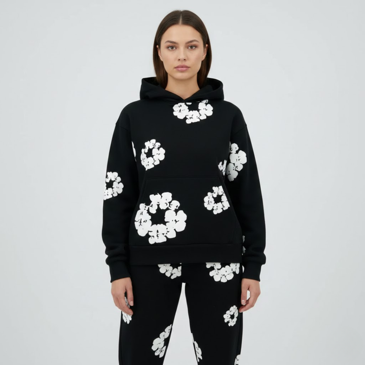Komfortabelt blomstret dametøjssæt, ideelt som sportstøj og afslappet loungewear.