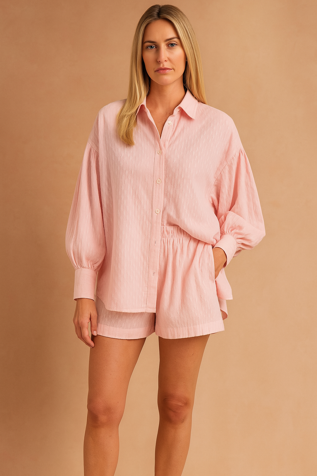 Stilfuldt casual crop sæt til kvinder med afslappet pasform og pufærmer. Perfekt til sommer og forår.
