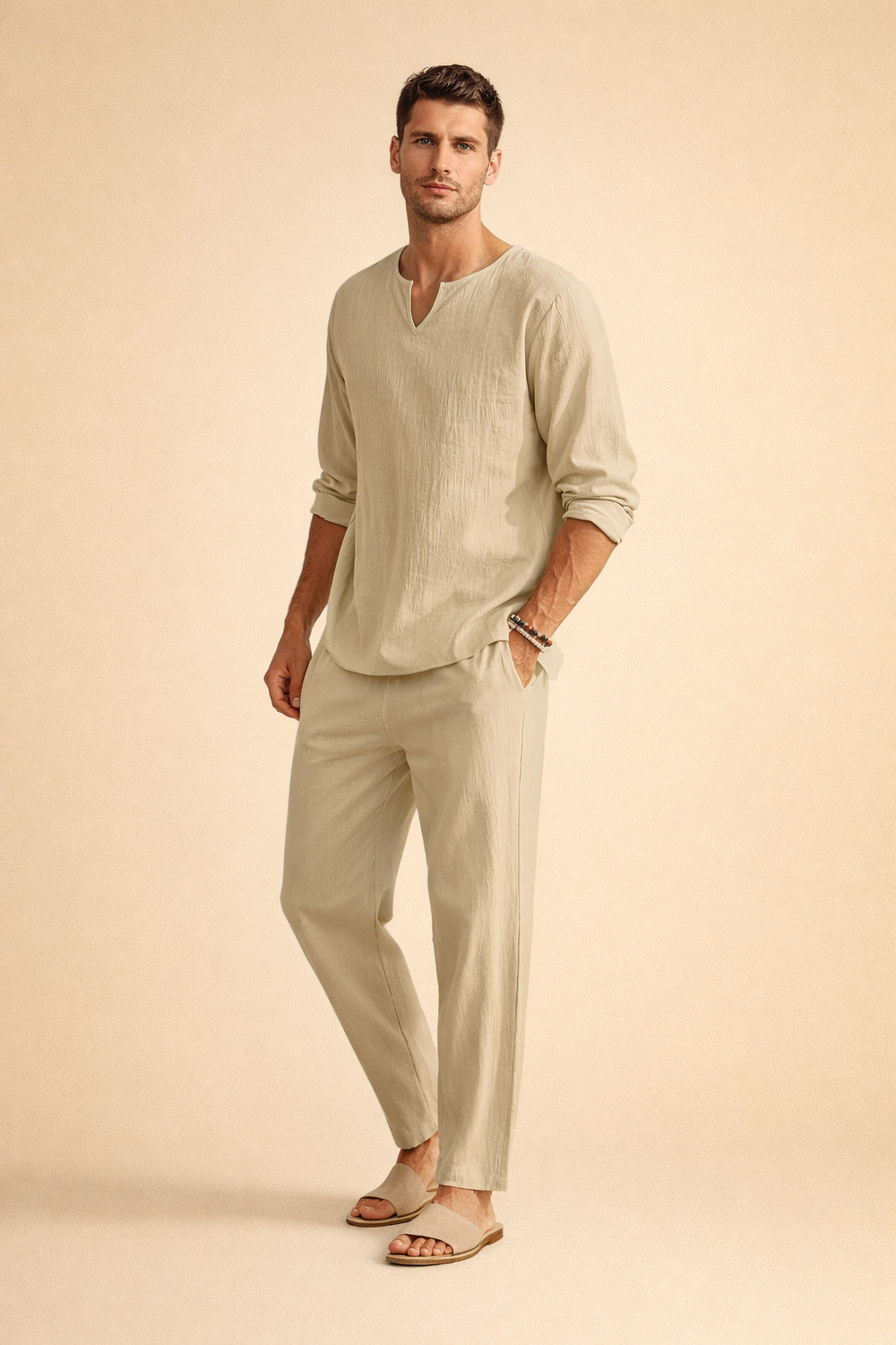Komfortabelt herre sæt med langærmet skjorte og bukser. Perfekt til elegant casual herretøj og fritidstøj.