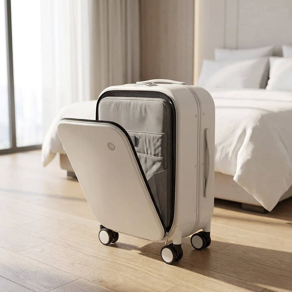 Stille Navisphere spinnerkuffert i hardcase med frontadgang; perfekt til organiseret rejsebagage.