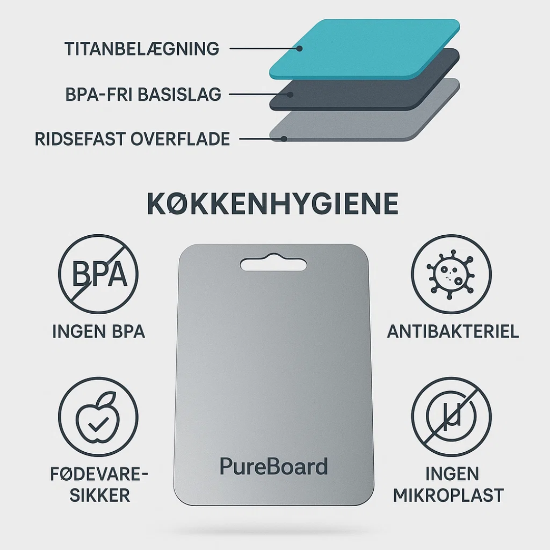 Moderne titanium skærebræt omgivet af køkkenredskaber, klar til effektiv madlavning.