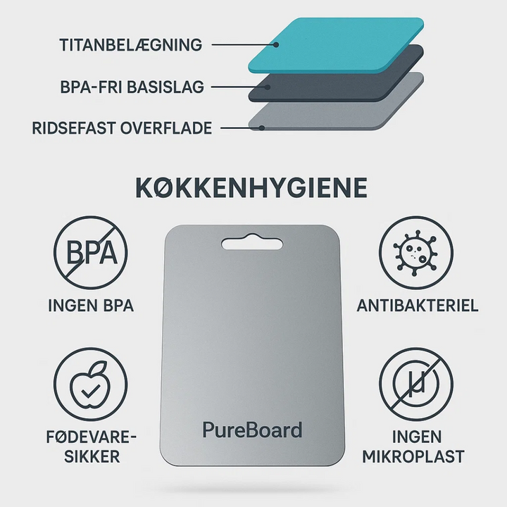 Moderne titanium skærebræt omgivet af køkkenredskaber, klar til effektiv madlavning.
