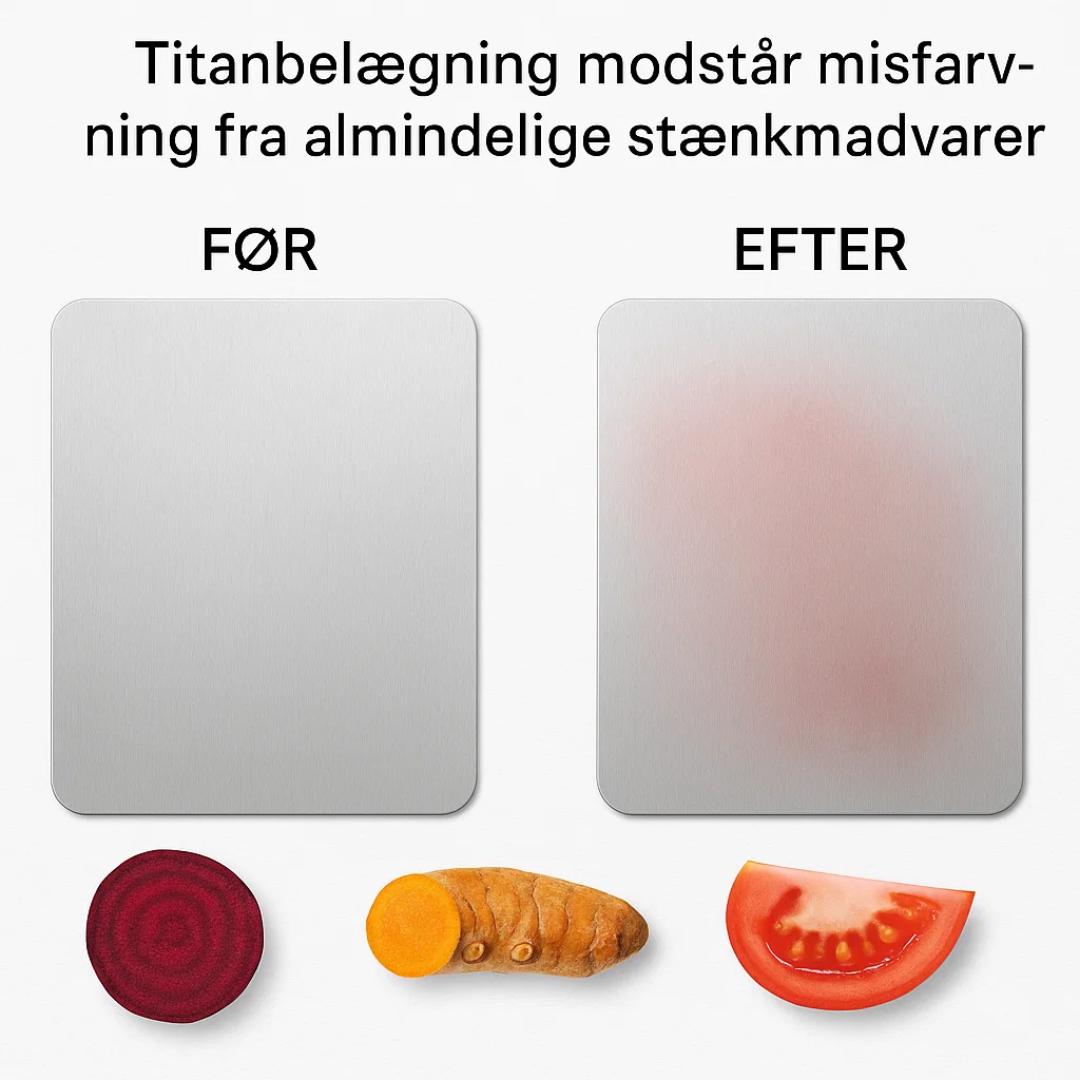 Robust ridsefast titanium skærebræt, designet til langvarig og hygiejnisk brug i køkkenet.
