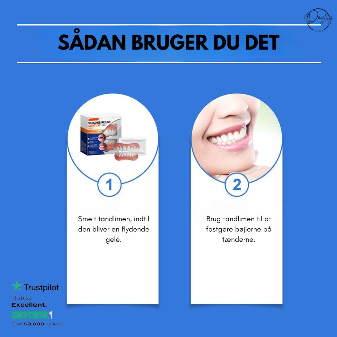 Person viser bredt, hvidt smil opnået med quickfix. Få hvide tænder og boost din selvtillid.