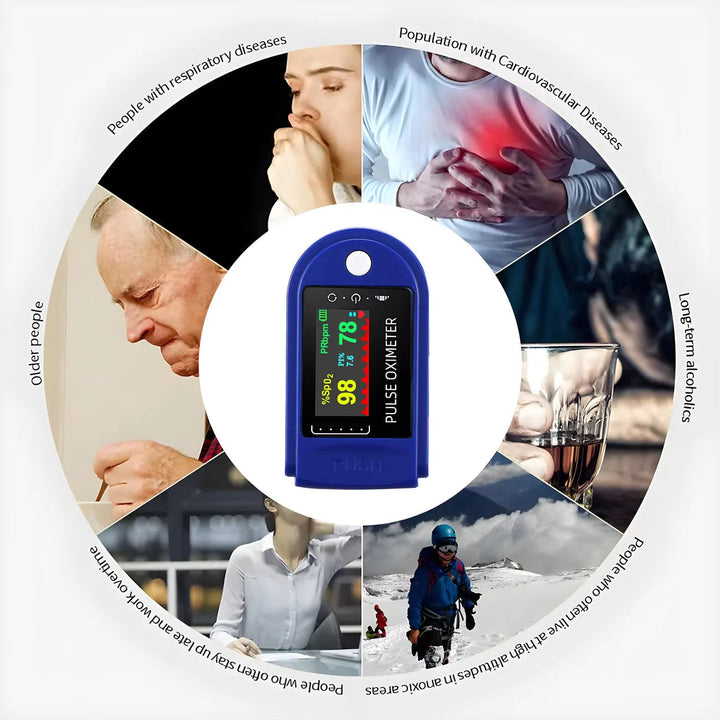 Komplett sundhedsmåler sæt med alt tilbehør for pulsoximeter og blodsukkermåler.
