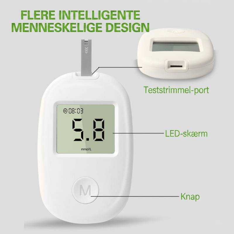 Detaljebillede af komplet sundhedsmåler sæt med skærme for SpO₂, puls & blodsukker.