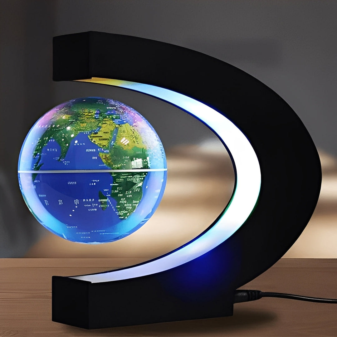 Svævende LED globus med magnetisk levitation, perfekt til moderne kontorindretning og hjemmedekoration. Unik gaveide.