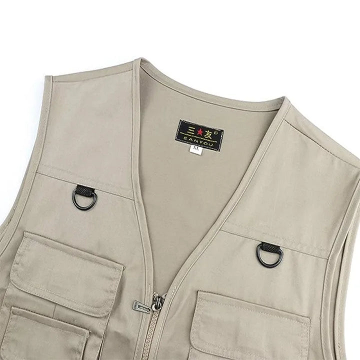 "Taktisk udendørs cargo vest med flere lommer, letvægtsdesign, robust materiale, perfekt til friluftsliv og eventyr."