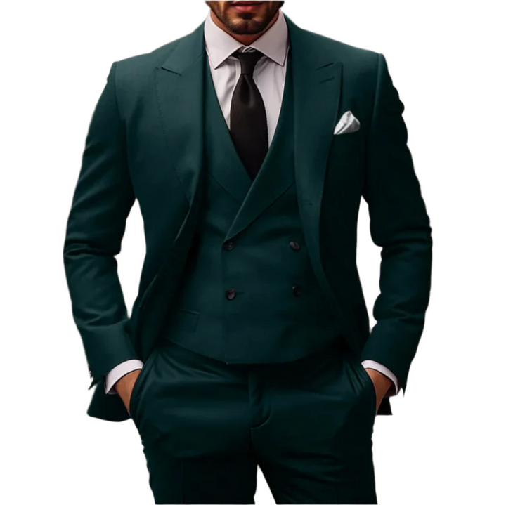 "Tidløst og elegant business-jakkesæt til mænd; 3-delt sæt med blazer, vest, bukser i sofistikeret, skræddersyet pasform."