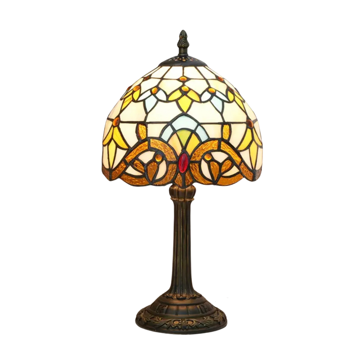 Tiffany bordlampe med farverigt glasdesign. Dekorativ vintage glaslampe perfekt til stueindretning eller soveværelse belysning.