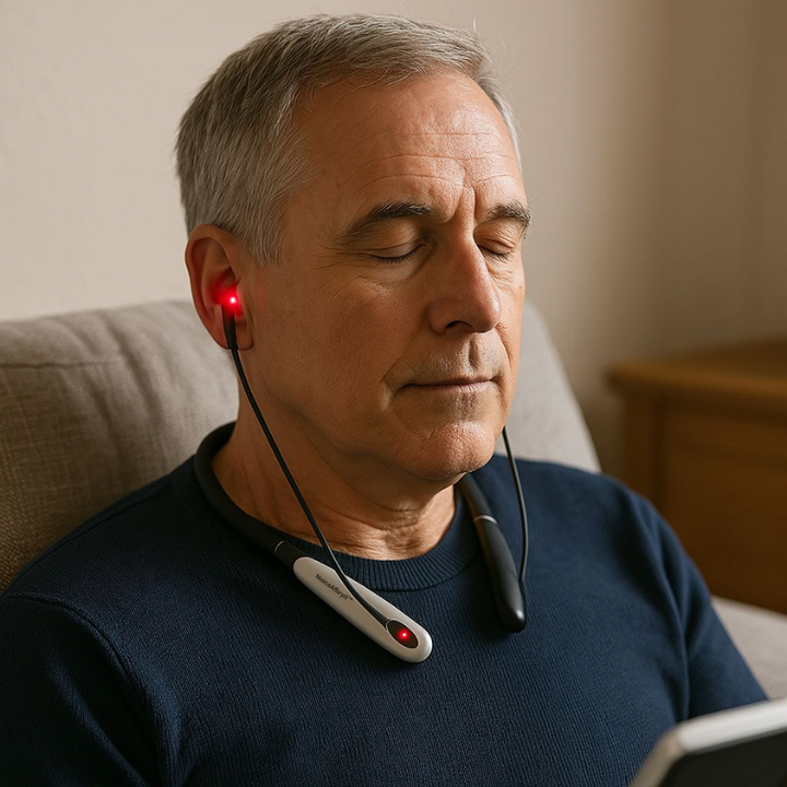 Blid rødlysterapi enhed for naturlig lindring af tinnitus og forbedring af hørelsen.