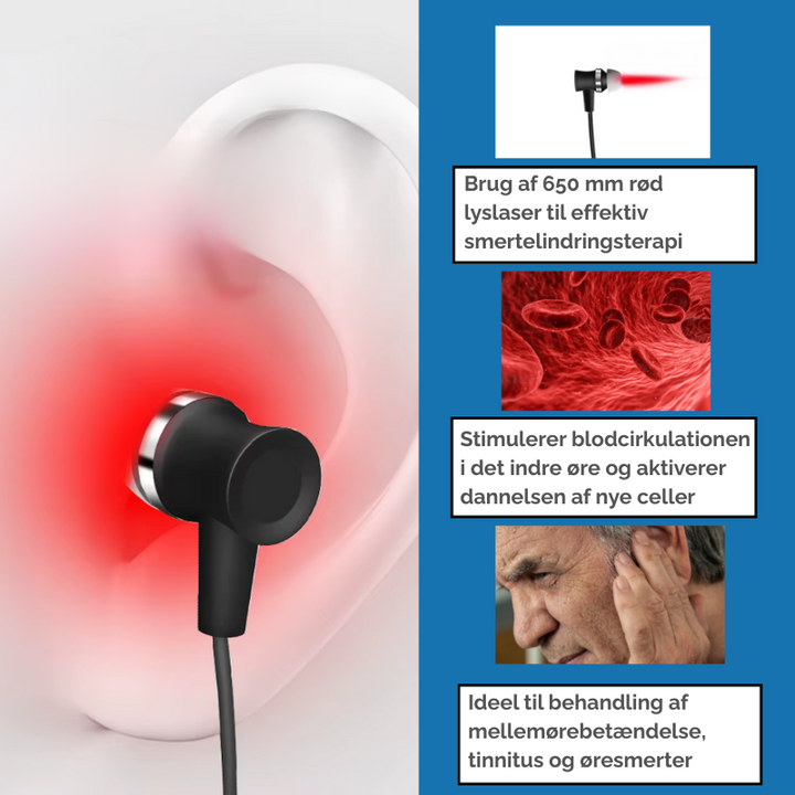Bærbar enhed for tinnitus, bruger rødlysterapi til lindring af øresusen og velvære.