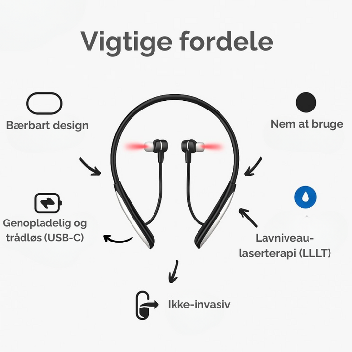 Enhed mod tinnitus med terapeutisk rødlys, sikrer sundere ører og bedre hørelse.