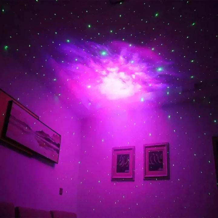 Trådløs Galaxy-projektorlampe, der skaber magisk stjernehimmel og stemningslys til afslapning i hjemmet.