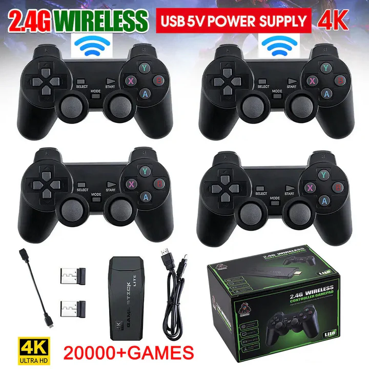 Familievenlig retro gaming system med 64GB, 20.000+ spil, 4K HDMI og trådløse controllere til multiplayer.