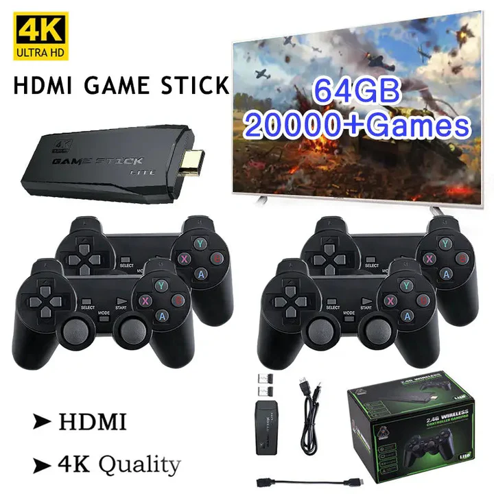 Retro spillekonsol HDMI 4K med trådløse controllere. Nyd 20.000 klassiske spil i høj opløsning.