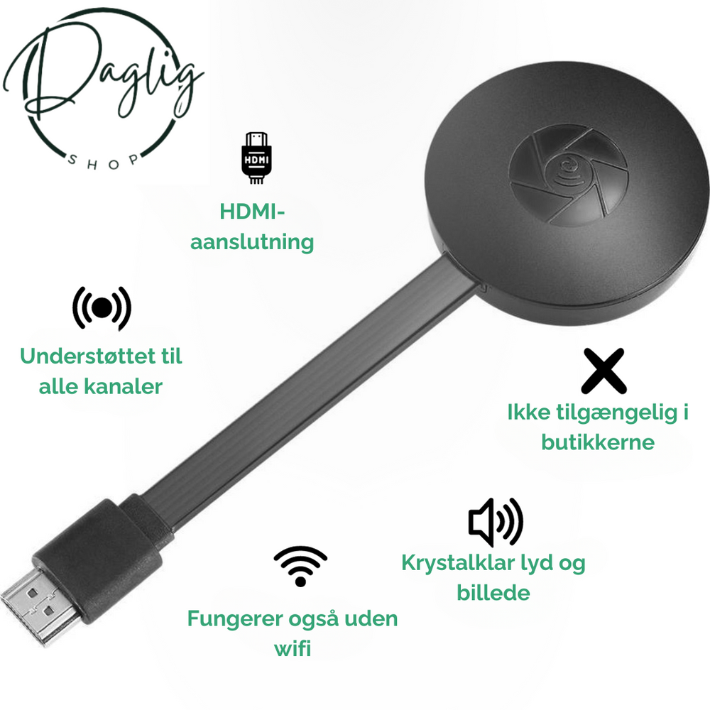 Bærbar trådløs streamer med HDMI til TV. Nem skærmdeling af mobilindhold på ferie eller i sommerhus uden Wi-Fi.
