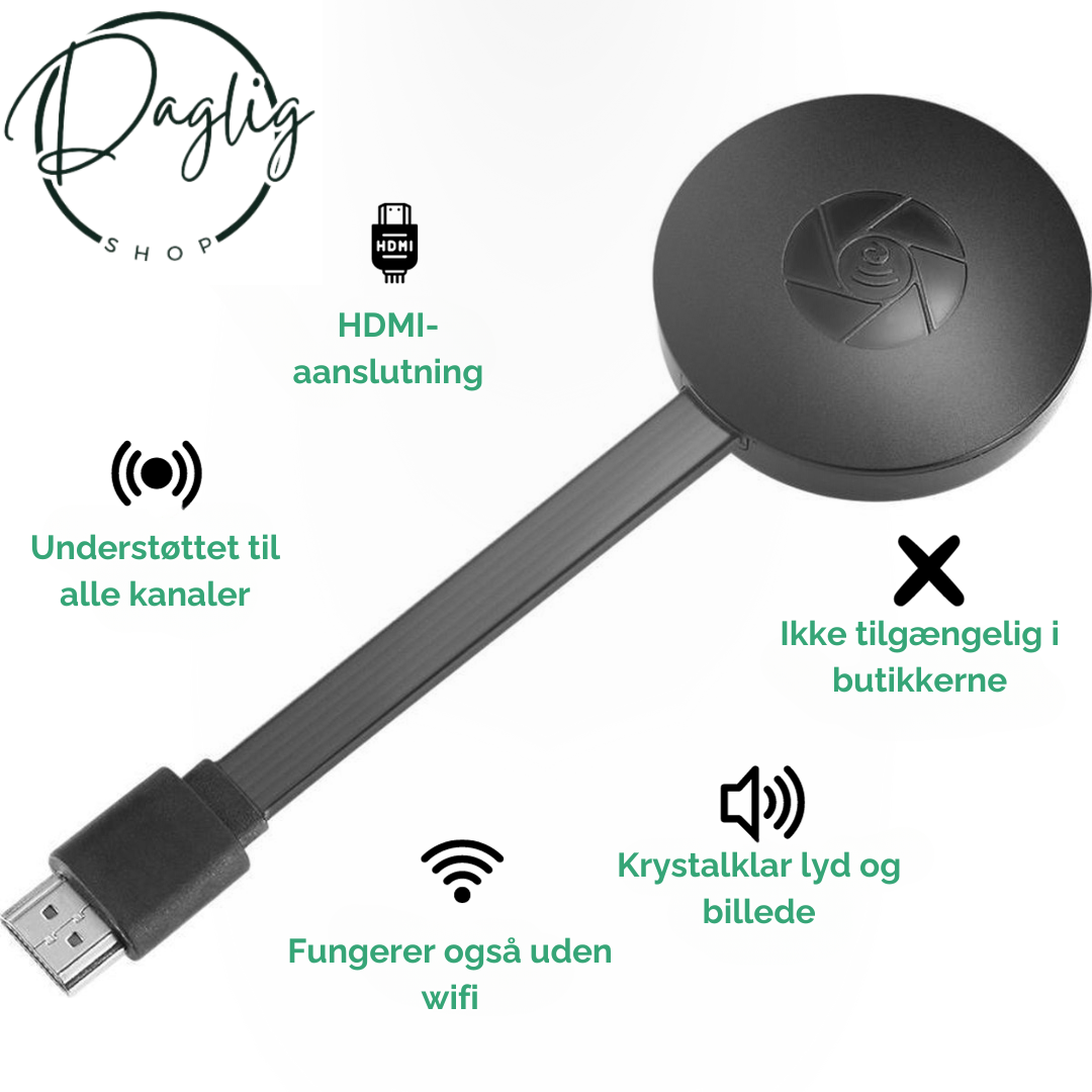 Bærbar trådløs streamer med HDMI til TV. Nem skærmdeling af mobilindhold på ferie eller i sommerhus uden Wi-Fi.