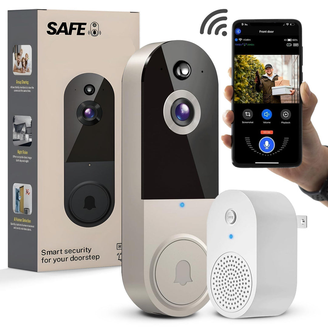 Trådløs videodørtelefon med AI bevægelsesdetektering og HD video til smart home sikkerhed.