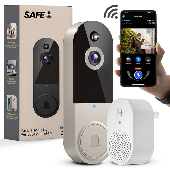 Trådløs videodørtelefon med AI bevægelsesdetektering og HD video til smart home sikkerhed.