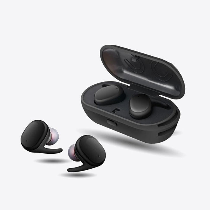 Trådløse Bluetooth in-ear høretelefoner i sort, med sikker pasform og lang spilletid til daglig brug.