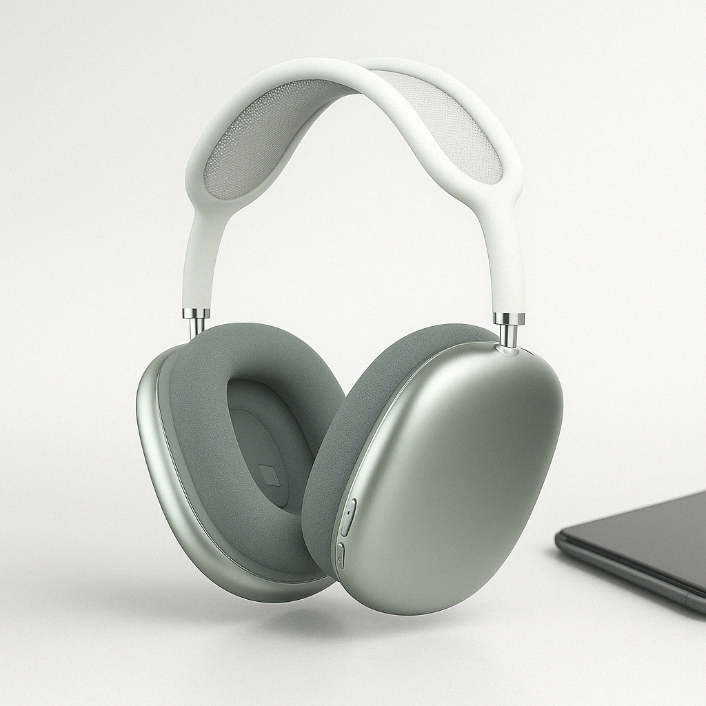 Nærbillede af stilrent design på over-ear Bluetooth hovedtelefoner med knapper til kontrol og ANC.