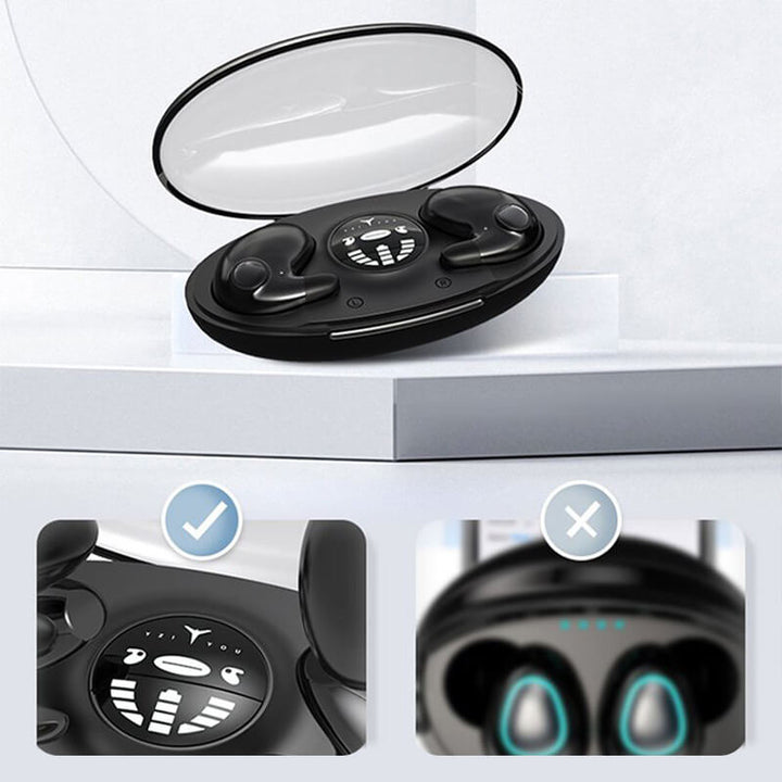 Nærbillede af sort trådløs in-ear Bluetooth øretelefon med ergonomisk design og aktiv støjreduktion.