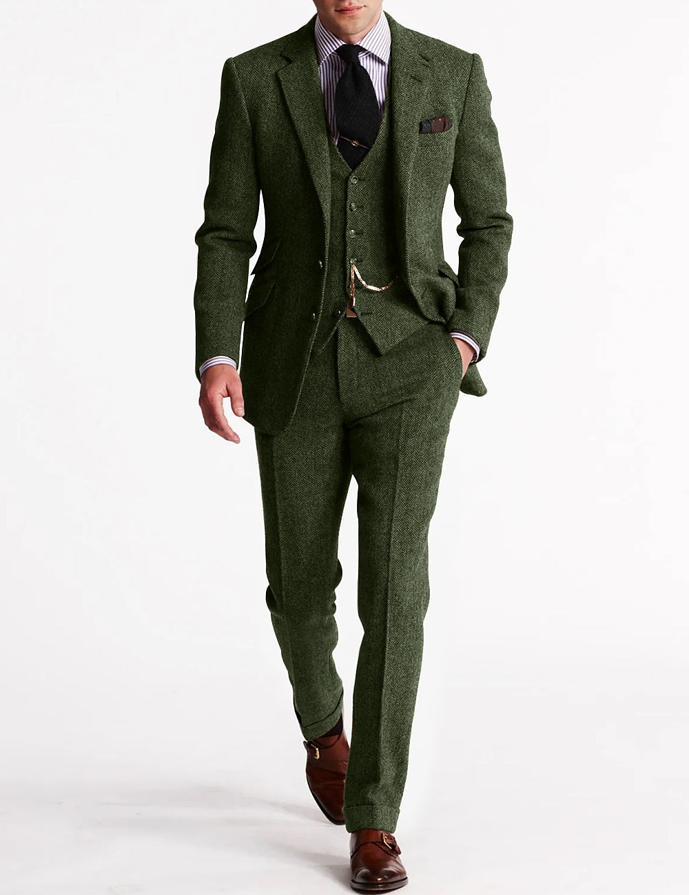 "Tredelt tweed jakkesæt til mænd i brun, elegant og klassisk stil, inkluderer skjorte, vest og bukser for sofistikeret look."
