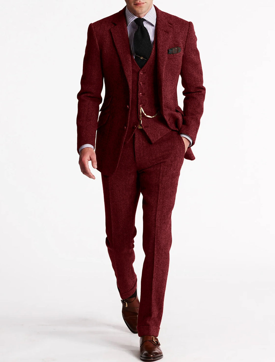 "Tredelt tweed jakkesæt til mænd i brun, elegant og klassisk stil, inkluderer skjorte, vest og bukser for sofistikeret look."