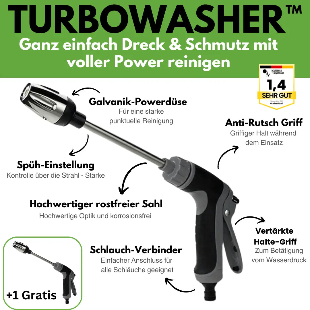 Turbowasher højtryksdyse til haveslange for effektiv universal rengøring af udendørs overflader og haveudstyr.