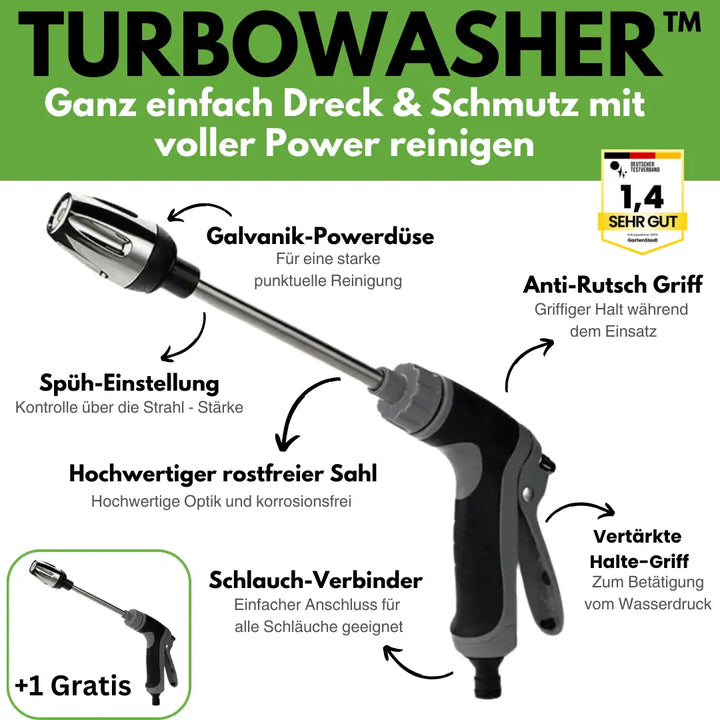 Turbowasher højtryksdyse til haveslange for effektiv universal rengøring af udendørs overflader og haveudstyr.