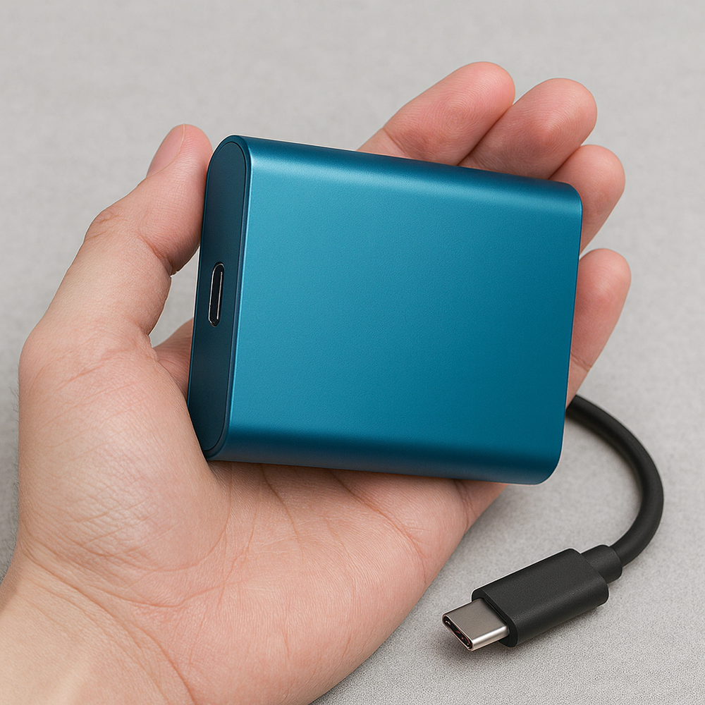 Kompakt 2TB ekstern SSD med USB-C, ideel til bærbar digital lagring og sikker data backup.