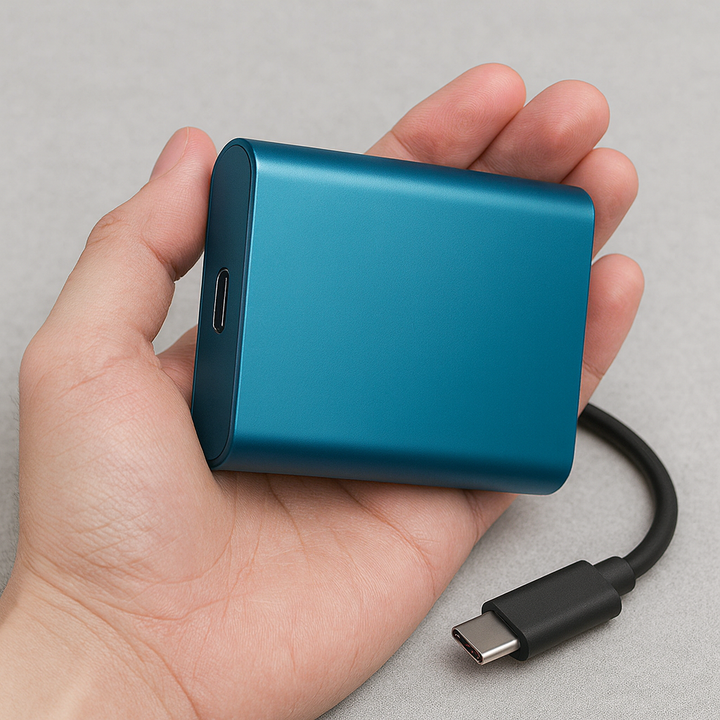 Kompakt 2TB ekstern SSD med USB-C, ideel til bærbar digital lagring og sikker data backup.