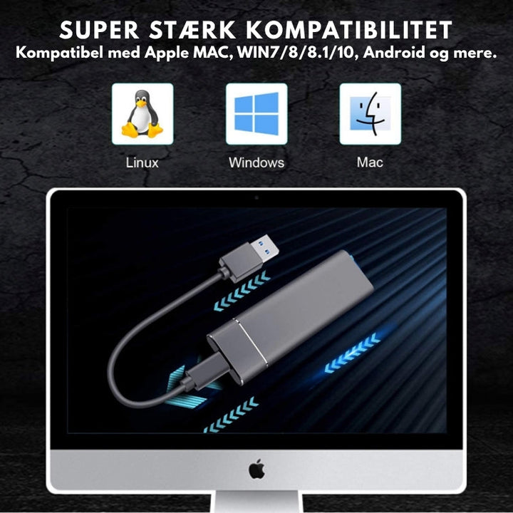 "Ultralet DataSwift SSD med aluminiumdesign, tilgængelig i Blå, Grå, Rød, Sølv, bruger USB 3.1 for hurtig dataoverførsel."