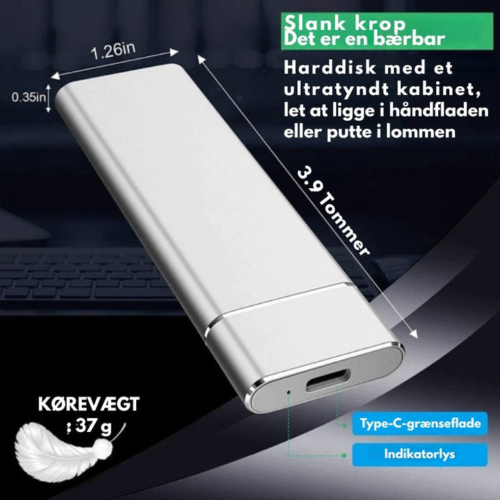 "Ultralet DataSwift SSD med aluminiumdesign, tilgængelig i Blå, Grå, Rød, Sølv, bruger USB 3.1 for hurtig dataoverførsel."